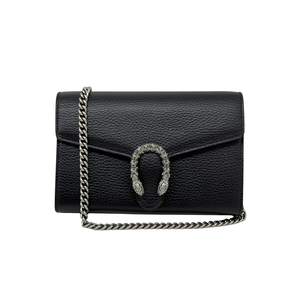 Gucci black leather mini shoulder bag with crystal horseshoe front and chain strap