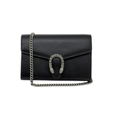 Gucci black leather mini shoulder bag with crystal horseshoe front and chain strap