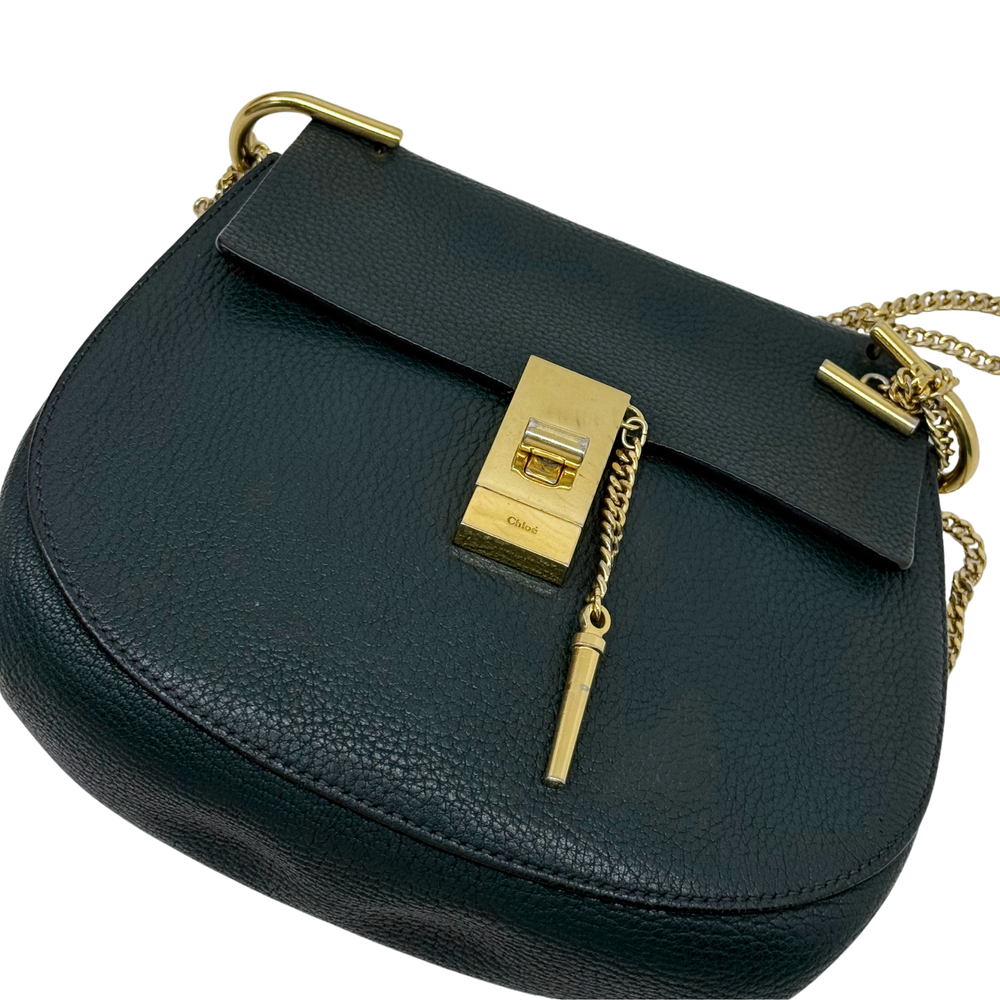 Green leather Drew shoulder bag with flap, gold lock, and chain shoulder strap