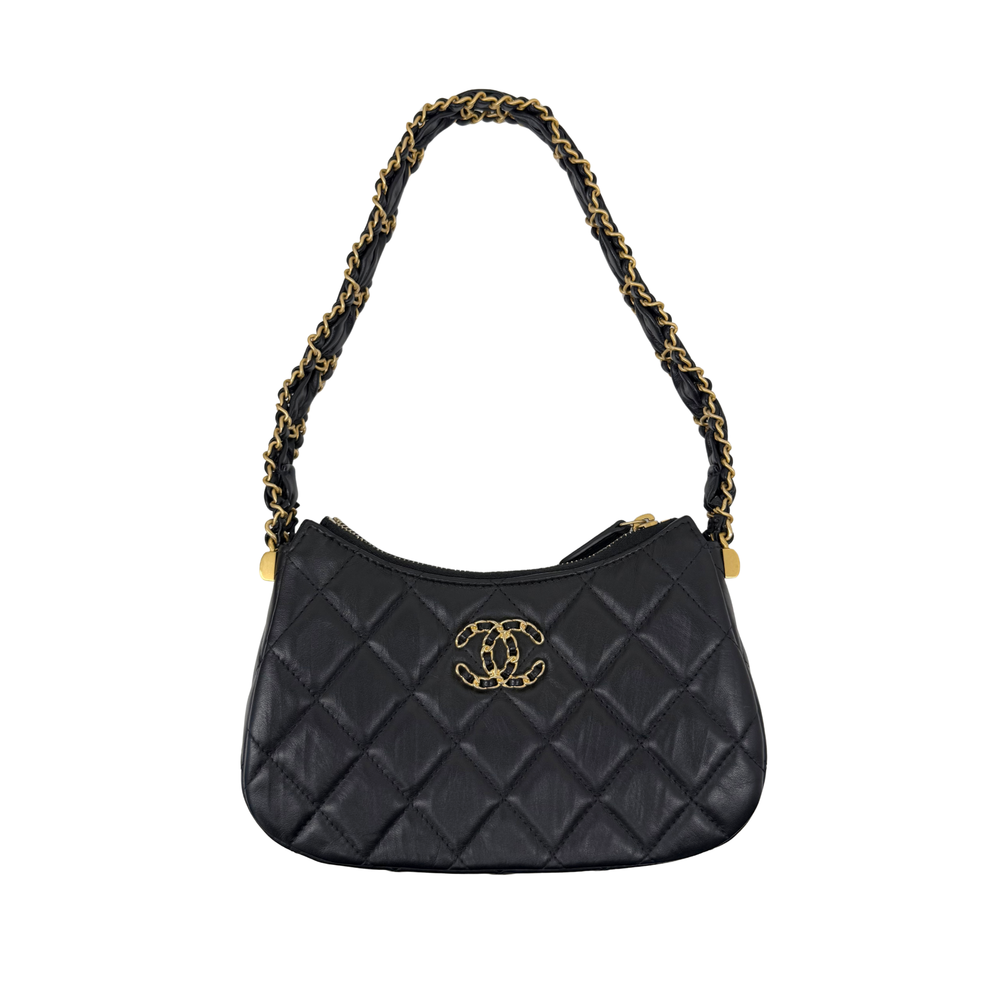 Black quilted leather hobo clutch with gold-tone chain strap and Chanel logo medallion