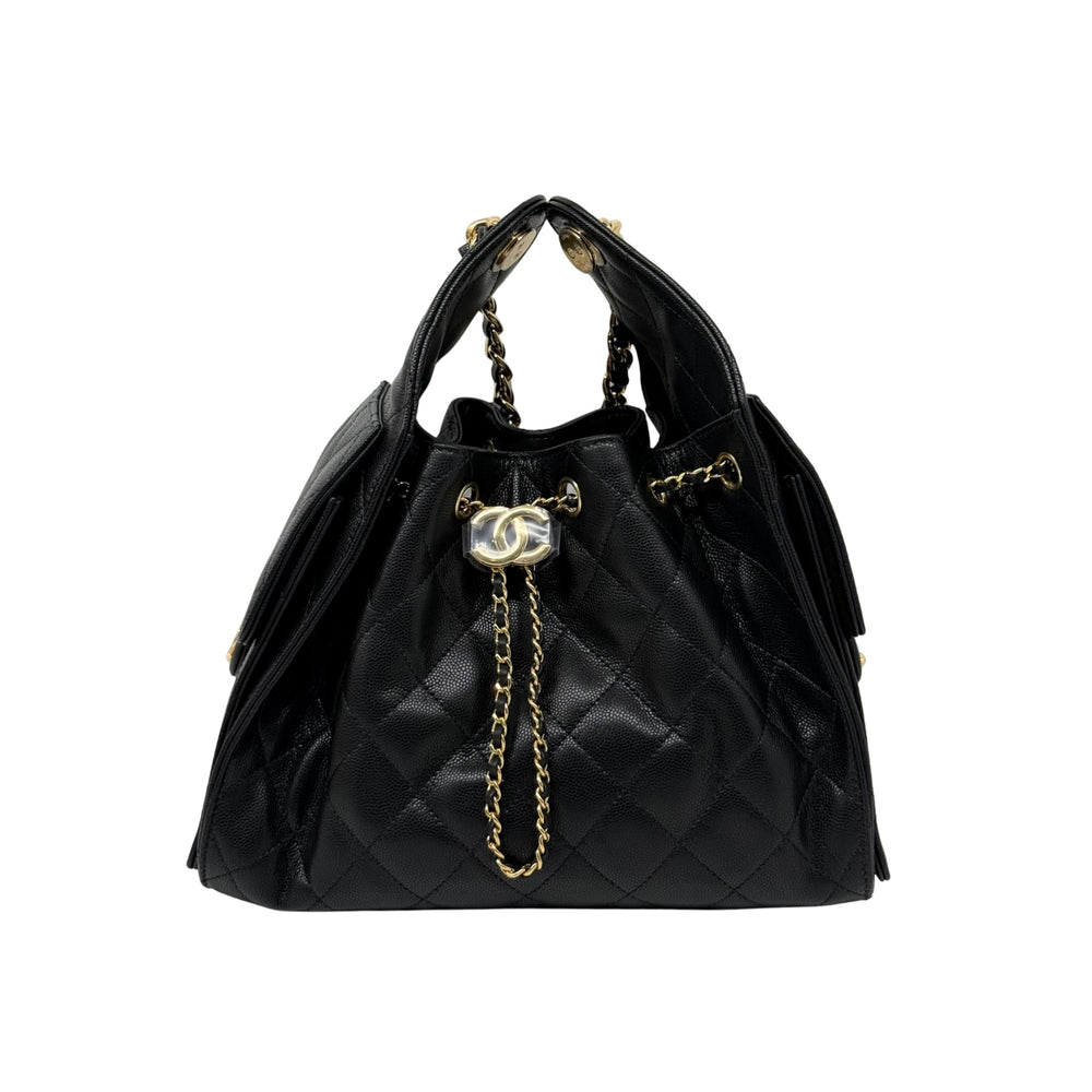 Black quilted Chanel hobo bag with gold chain strap and double top handles