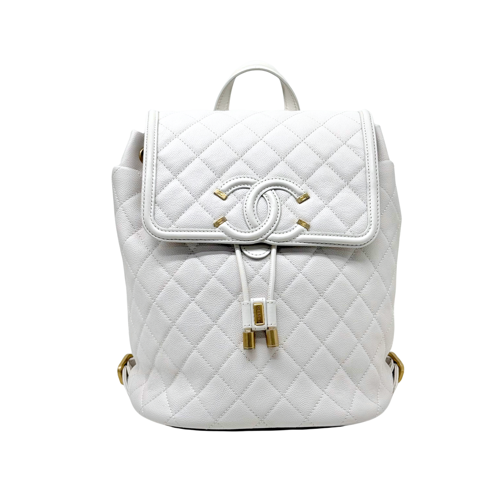 Pre-owned Chanel white quilted backpack, CC logo flap, dangling lock detail, gold hardware