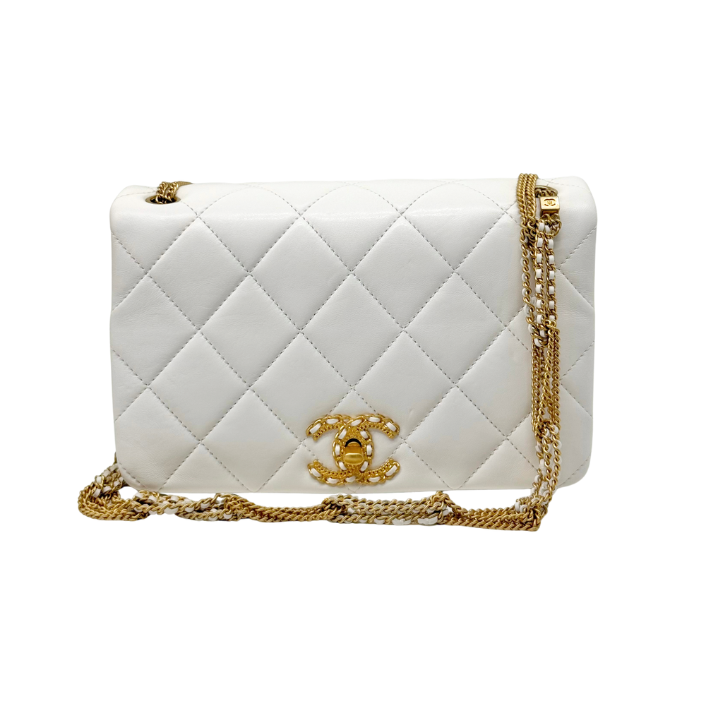 Chanel white quilted small shoulder bag with gold chain strap and logo medallion