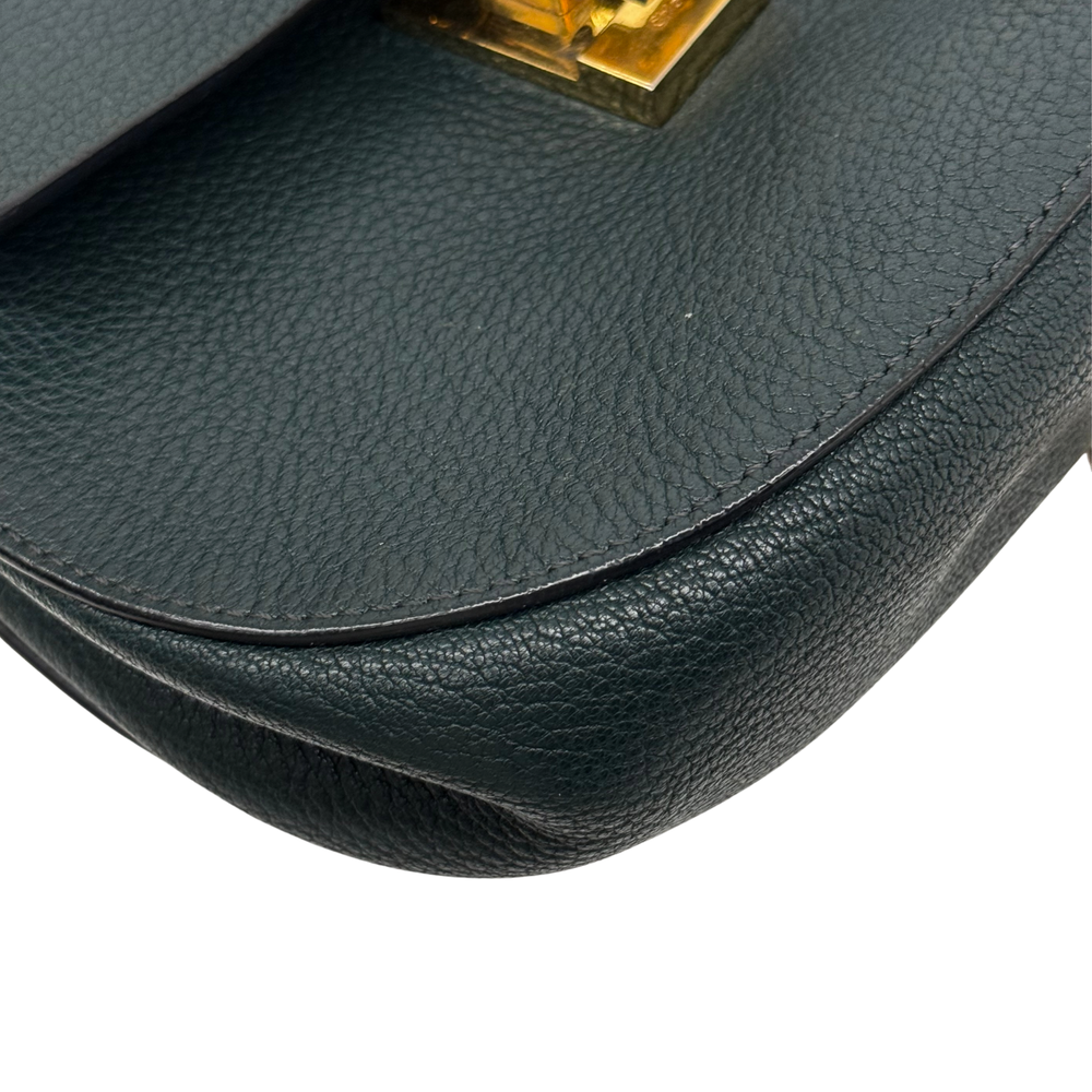 Green leather Drew shoulder bag rounded bottom edge with textured grain