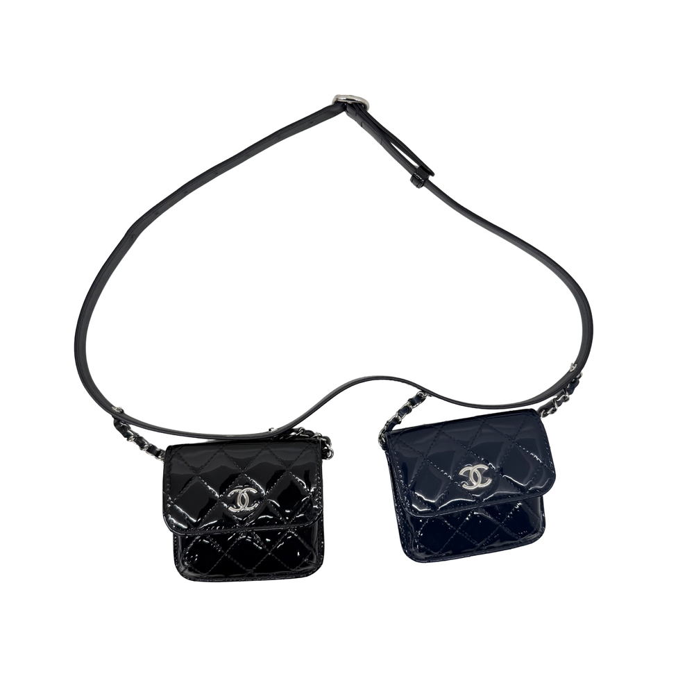 Quilted patent leather mini waist bags on long black strap, CC logo on glossy flap