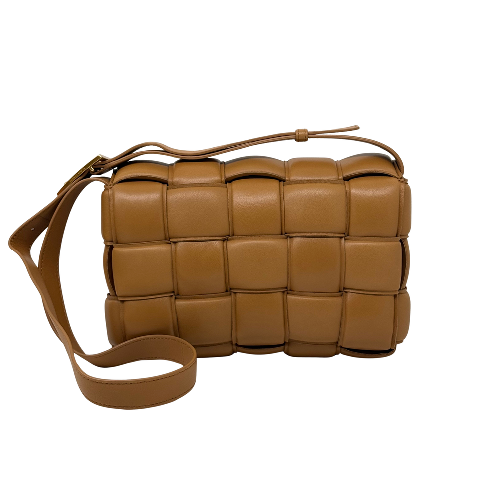 Bottega Veneta tan leather crossbody bag with woven panels and adjustable strap