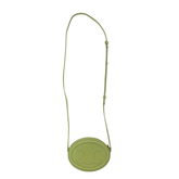 Green Celine oval crossbody purse hanging from a long strap, rounded logo front