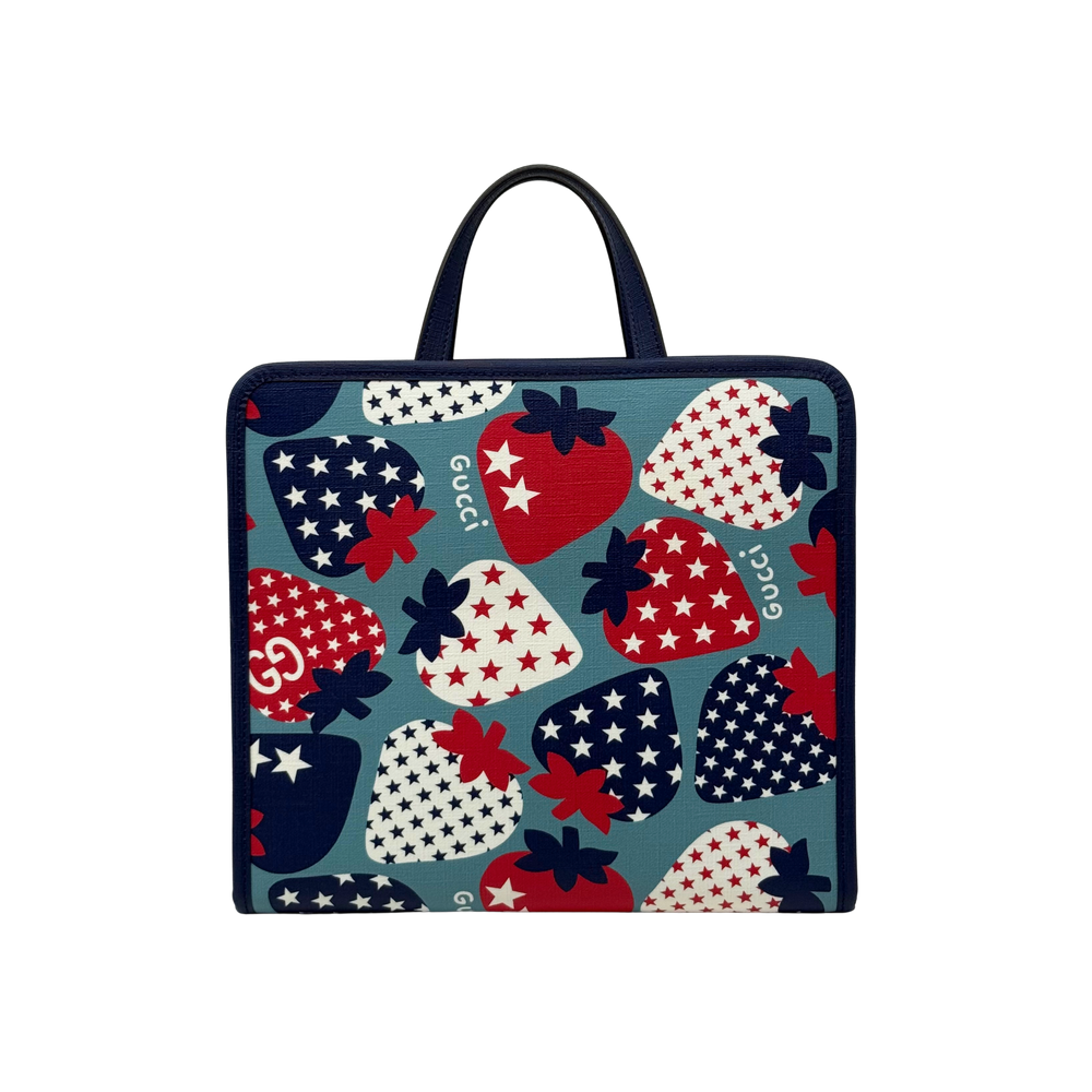 Coated canvas kids tote bag with multicolor strawberry and stars pattern, navy trim
