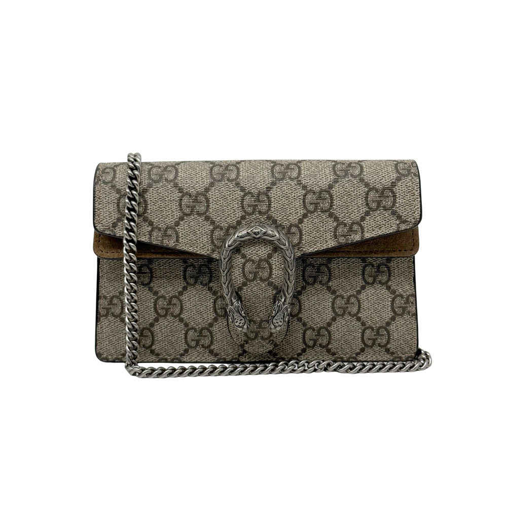 Gucci GG canvas shoulder bag with chain strap, flap and central metal clasp