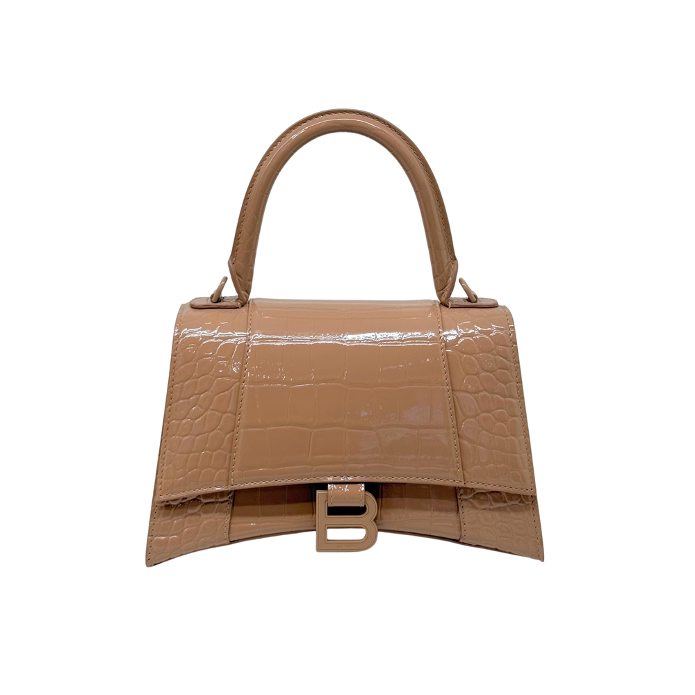 Shiny crocodile-embossed hourglass top-handle bag, nude beige, front B clasp