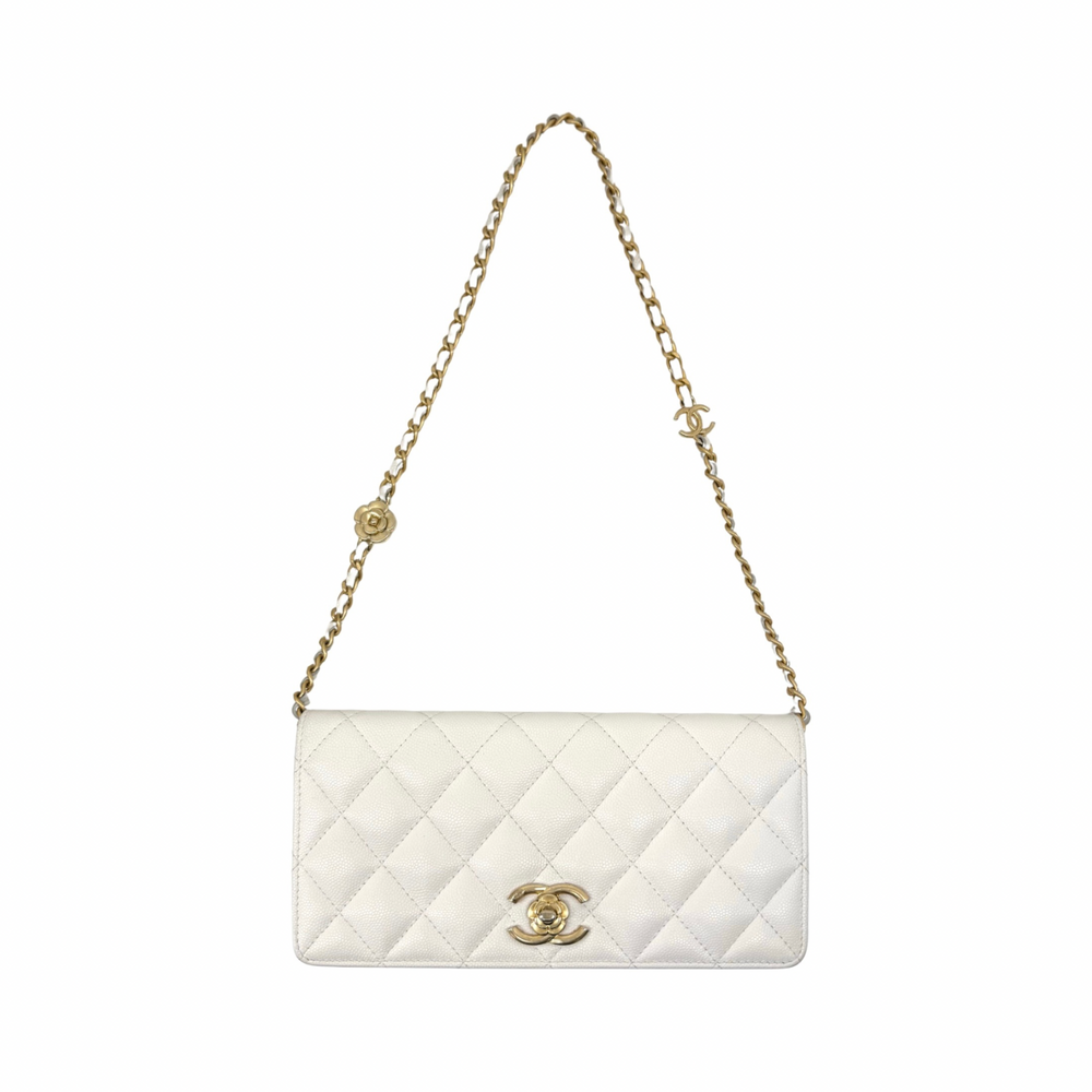 Chanel white quilted micro shoulder bag with chain strap and CC logo front