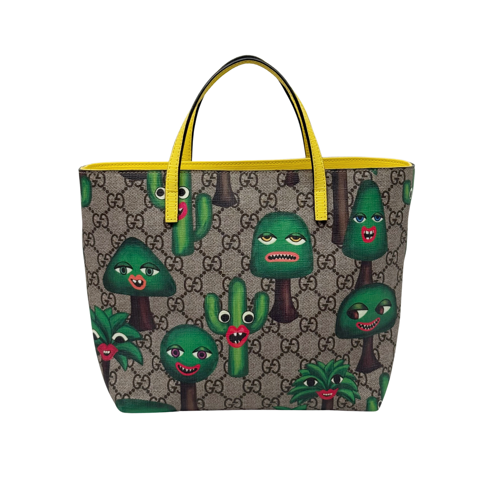 Gucci kids tote bag with top handles: GG monogram canvas and smiling plants pattern