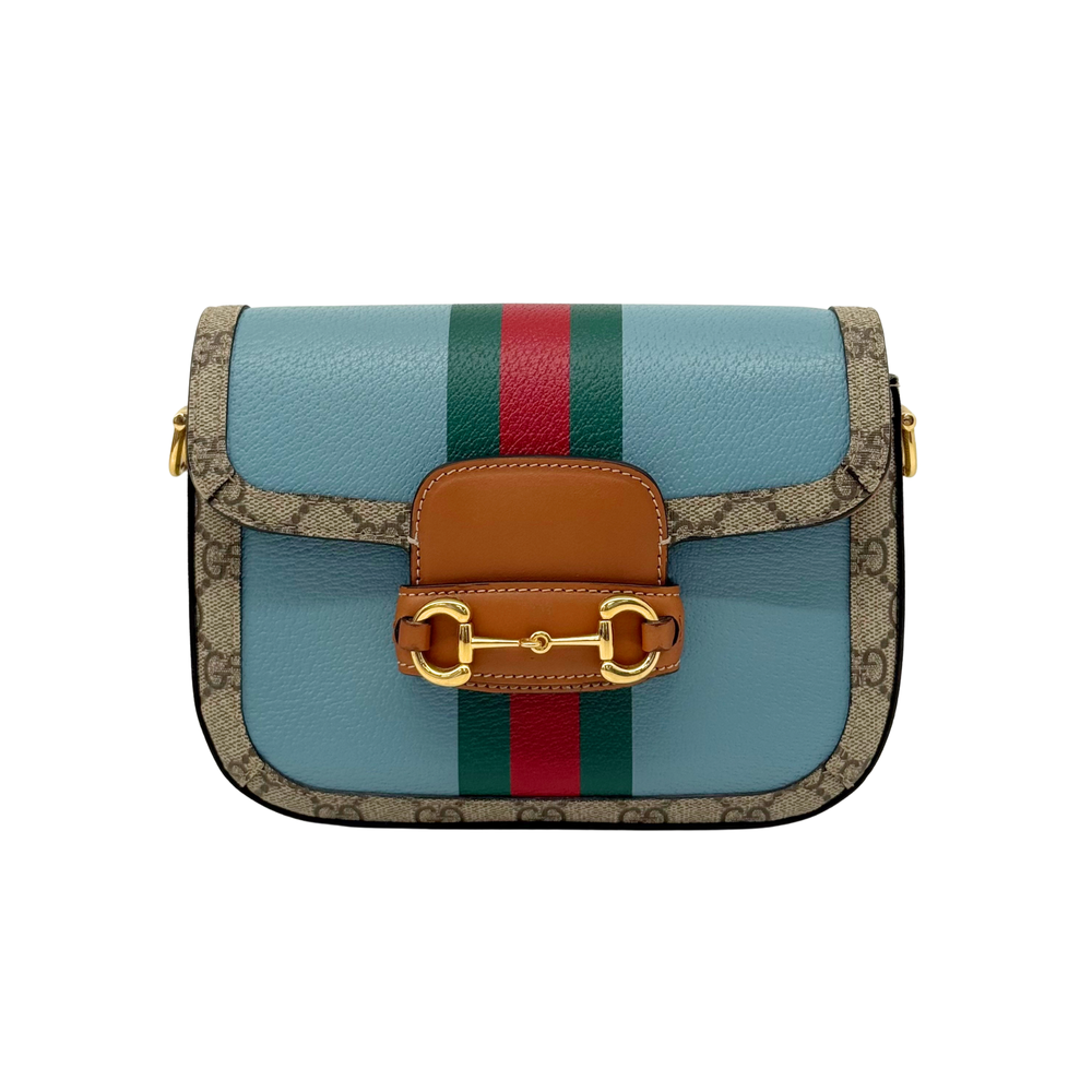 Mini shoulder bag with blue flap, green-red striped web, GG monogram trim, gold horsebit