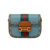 Gucci X DANS LE VERT Textured Dollar Calfskin GG Supreme Monogram Web Mini Horsebit 1955 Shoulder Bag Dusty Azure Beige Ebony (pre-owned)