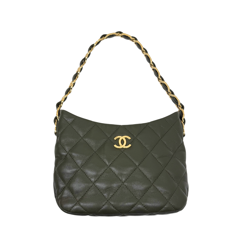 Dark green quilted hobo bag with gold Chanel logo center front and chain strap