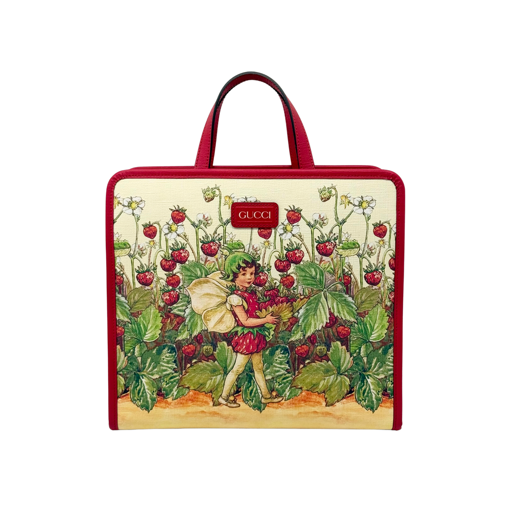 Kids coated canvas tote bag with strawberry fairy print, red handles, Gucci label