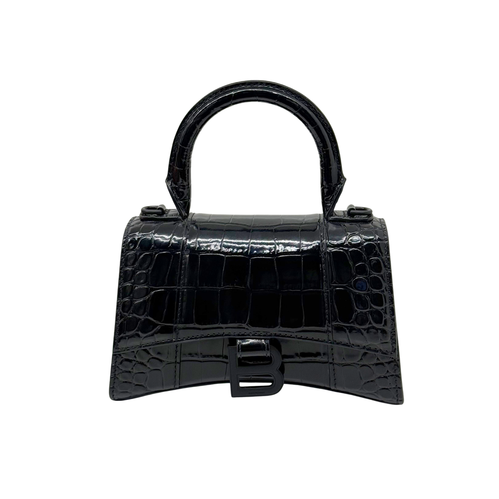 Black croc-embossed hourglass top-handle bag XS with front B hardware