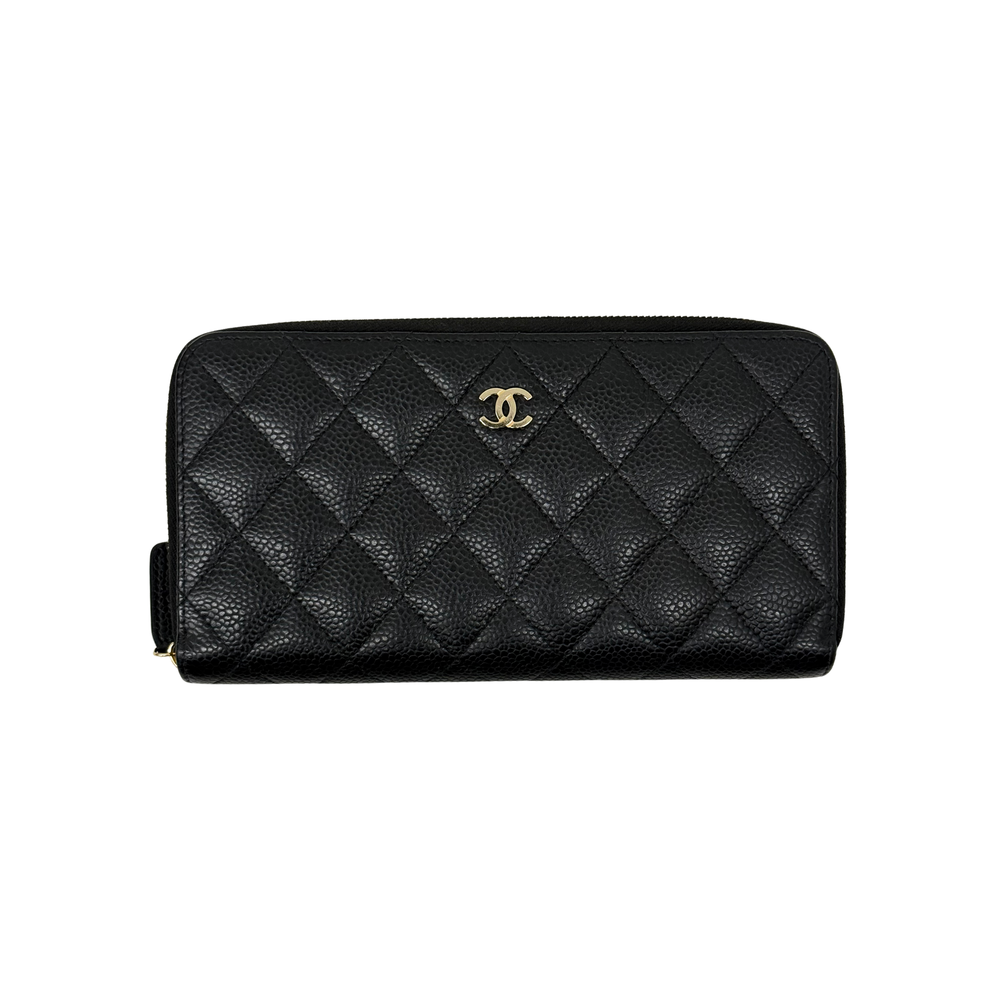 Chanel black quilted caviar zip-around wallet front view with diamond quilting