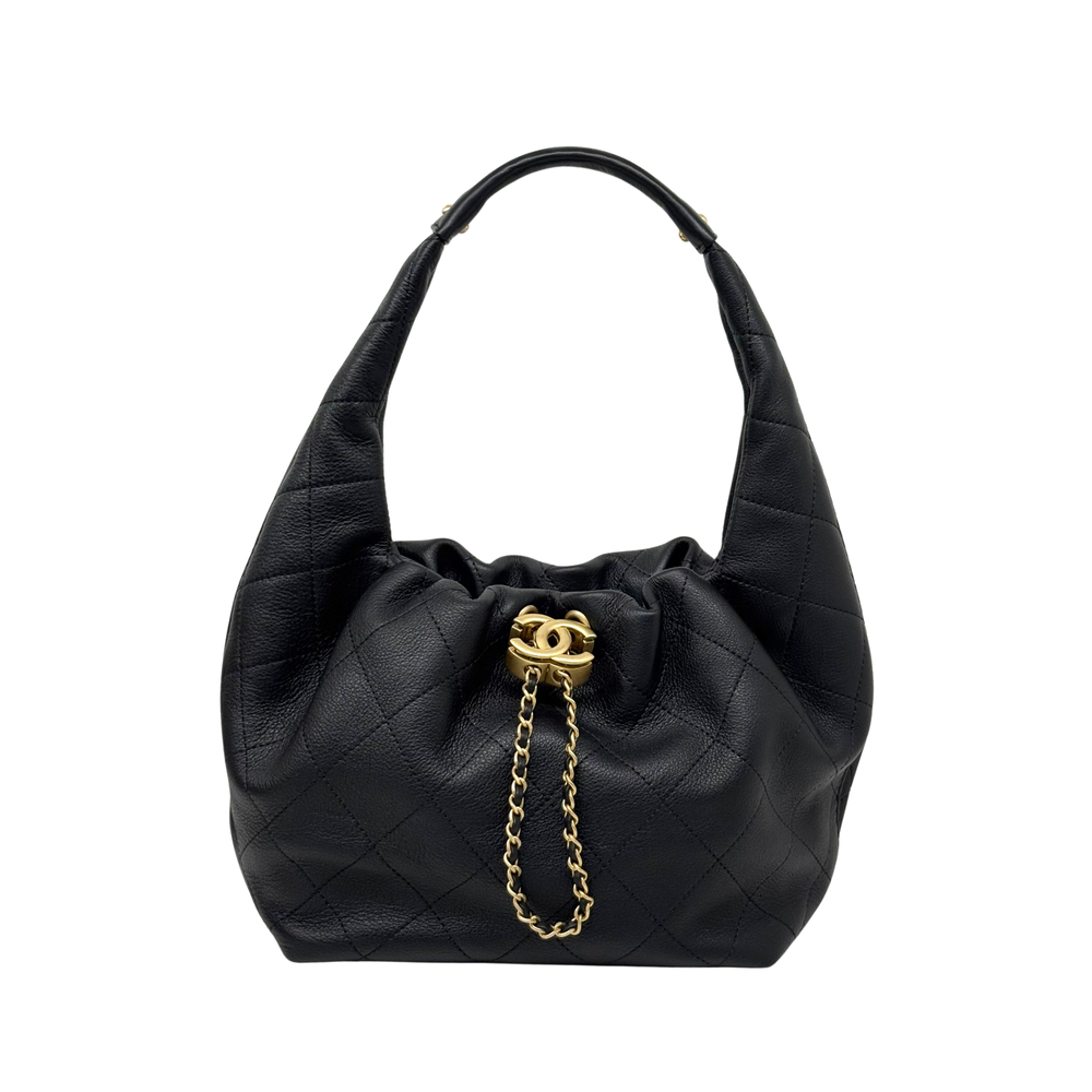 Black Chanel quilted calf leather hobo bag with top handles and gold chain charm