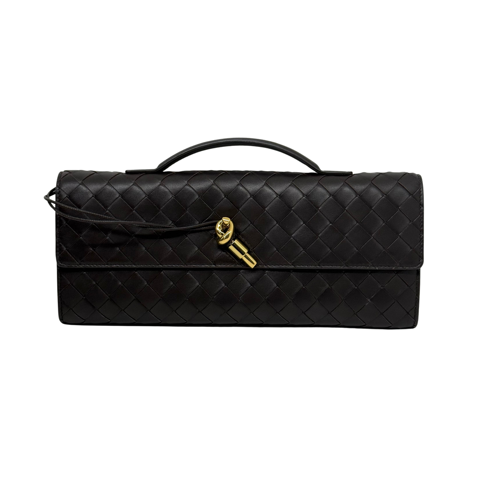 Pre-owned Bottega Veneta woven leather flap bag with top handle, black, gold clasp