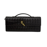 Pre-owned Bottega Veneta woven leather flap bag with top handle, black, gold clasp