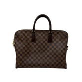 Brown Damier Ebene handbag with leather top handles and side zipper pulls