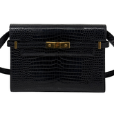 YSL pre-owned black croc-embossed leather flap bag with gold-tone buckle and strap