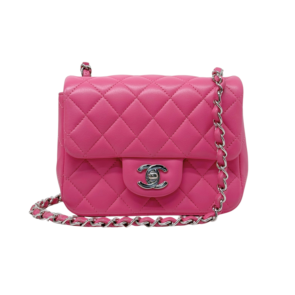 Pink Chanel lambskin crossbody bag with quilted front, CC turn-lock and chain strap