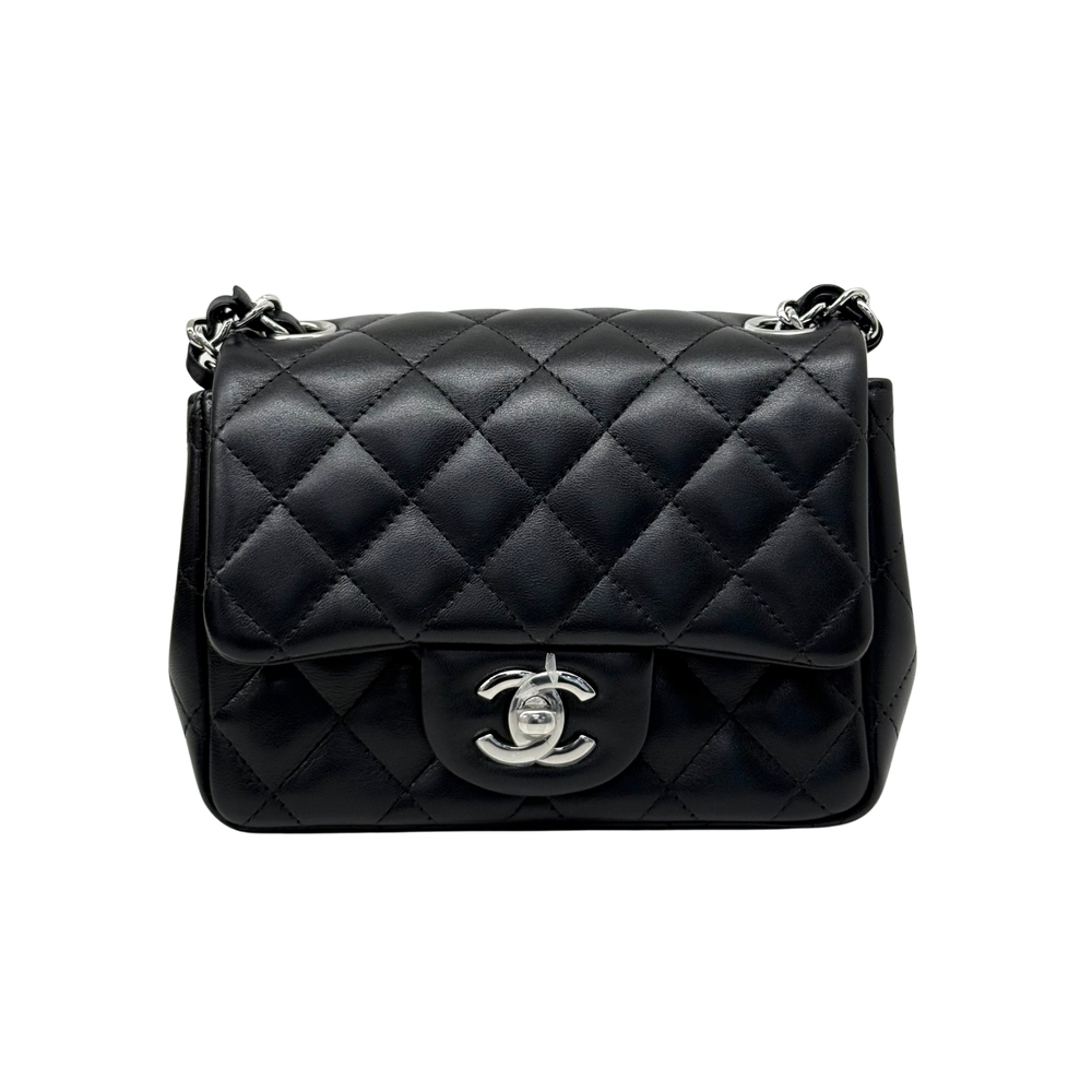 Black quilted mini square Chanel crossbody bag with CC clasp and chain straps