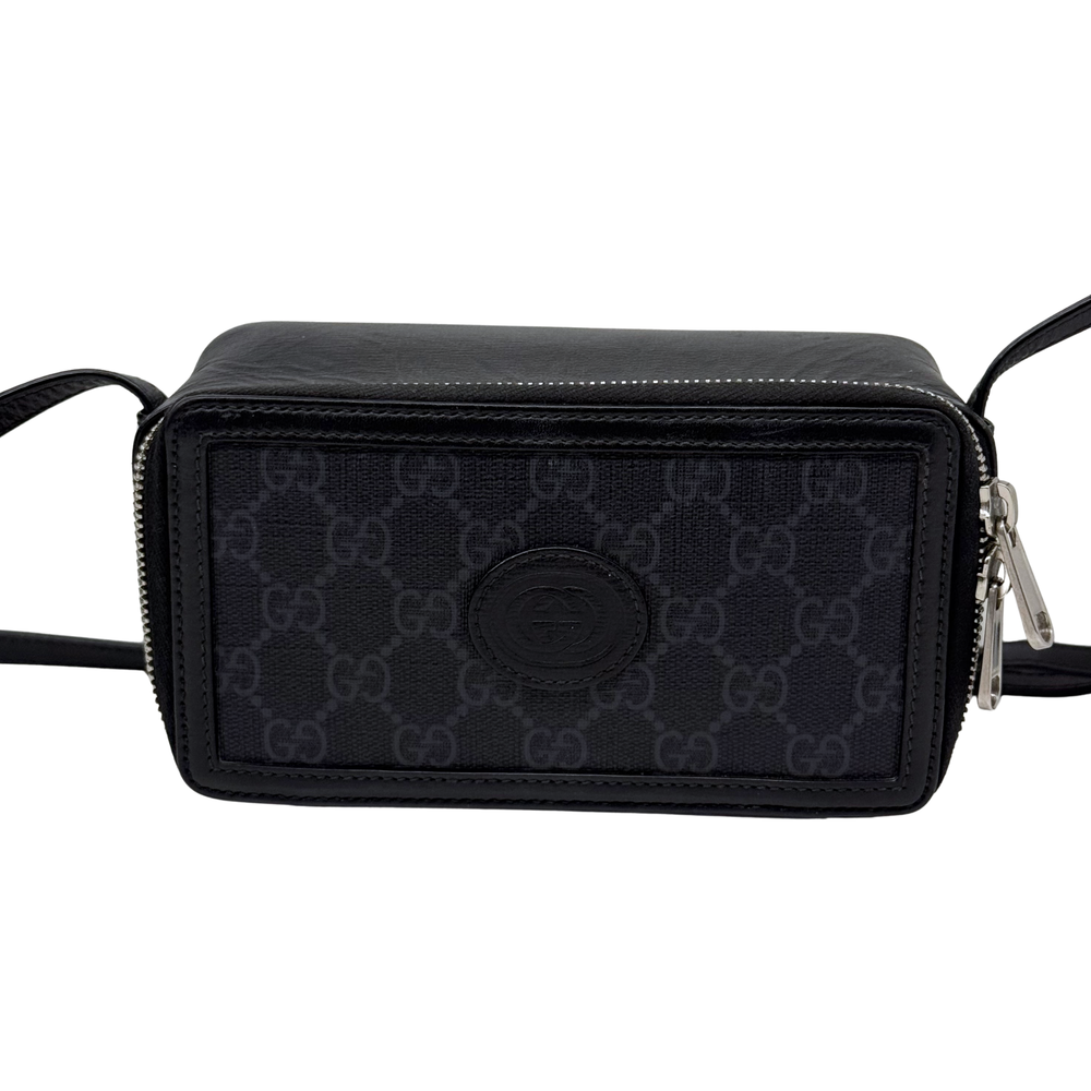 Gucci GG monogram crossbody bag with front logo and zip top, black
