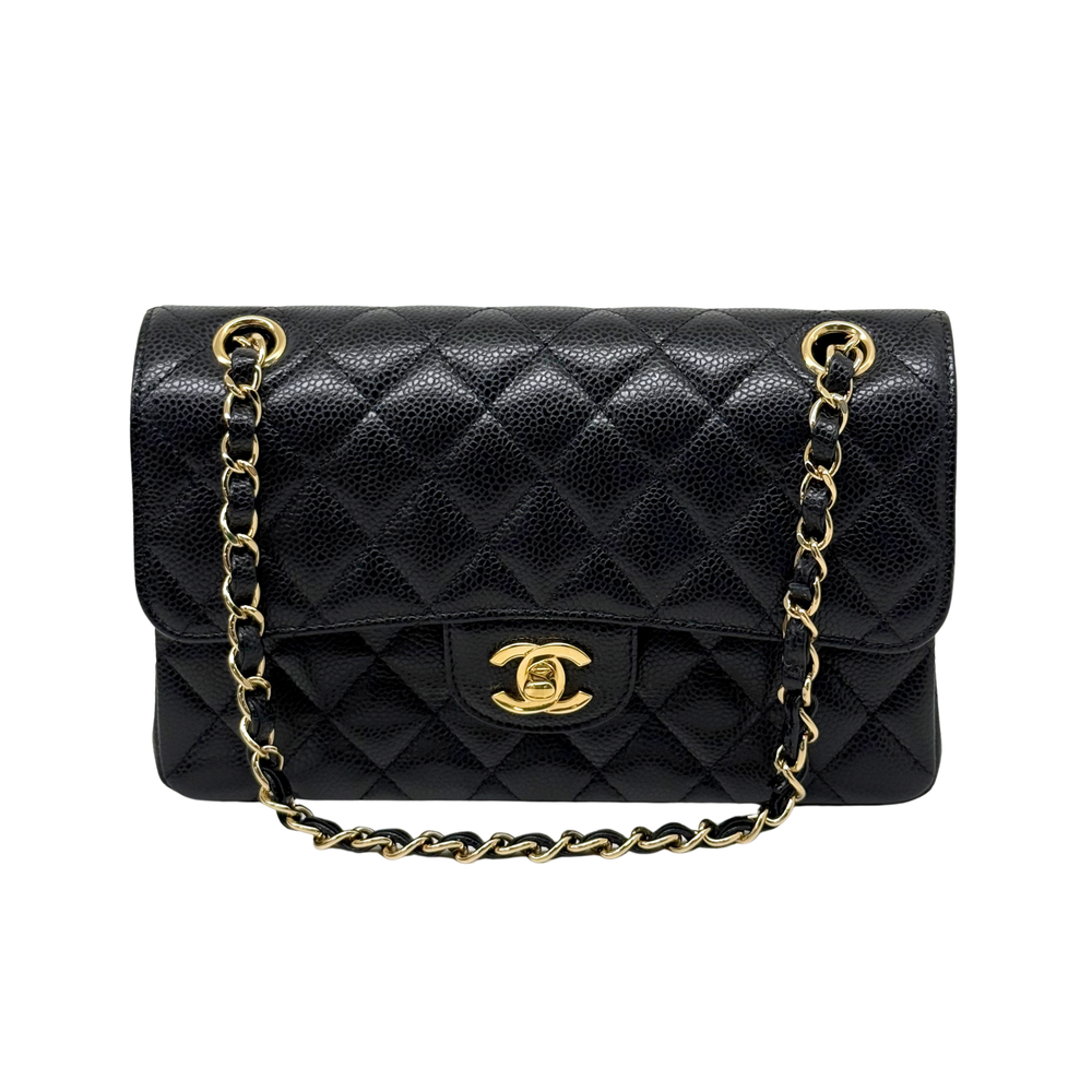 Chanel black caviar mini Double Flap bag, front view with gold chain and logo