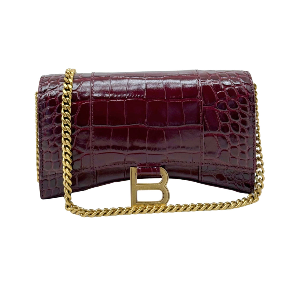 Burgundy croc-embossed leather Hourglass wallet on chain with gold B clasp