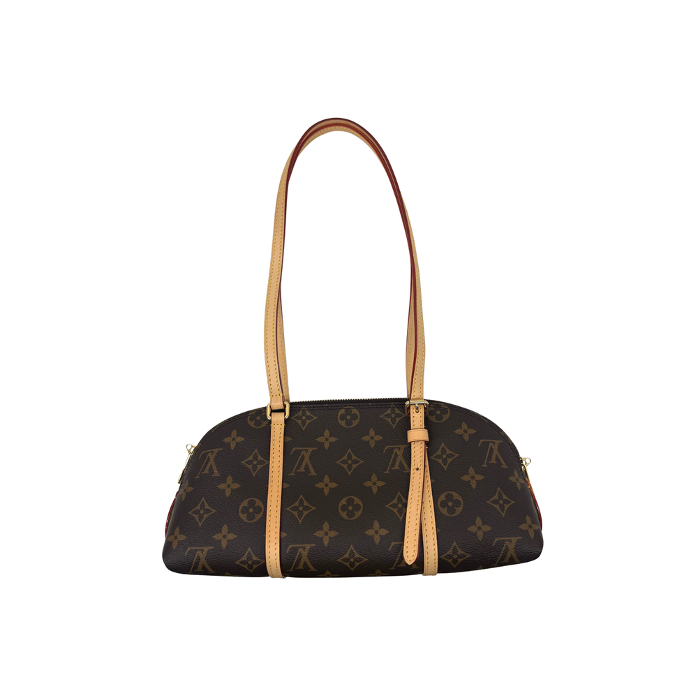 Louis Vuitton pre-owned monogram barrel handbag with dual handles, dark brown and tan trim
