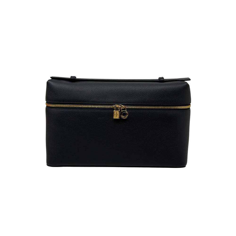 Leather zip pouch with gold zipper and clasp, top handle