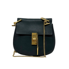 Green leather shoulder bag with gold chain strap and front lock clasp