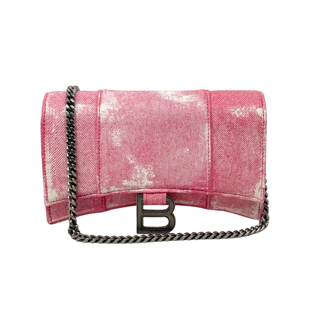 Pink denim-printed leather wallet on chain with flap and silver B logo, braided chain