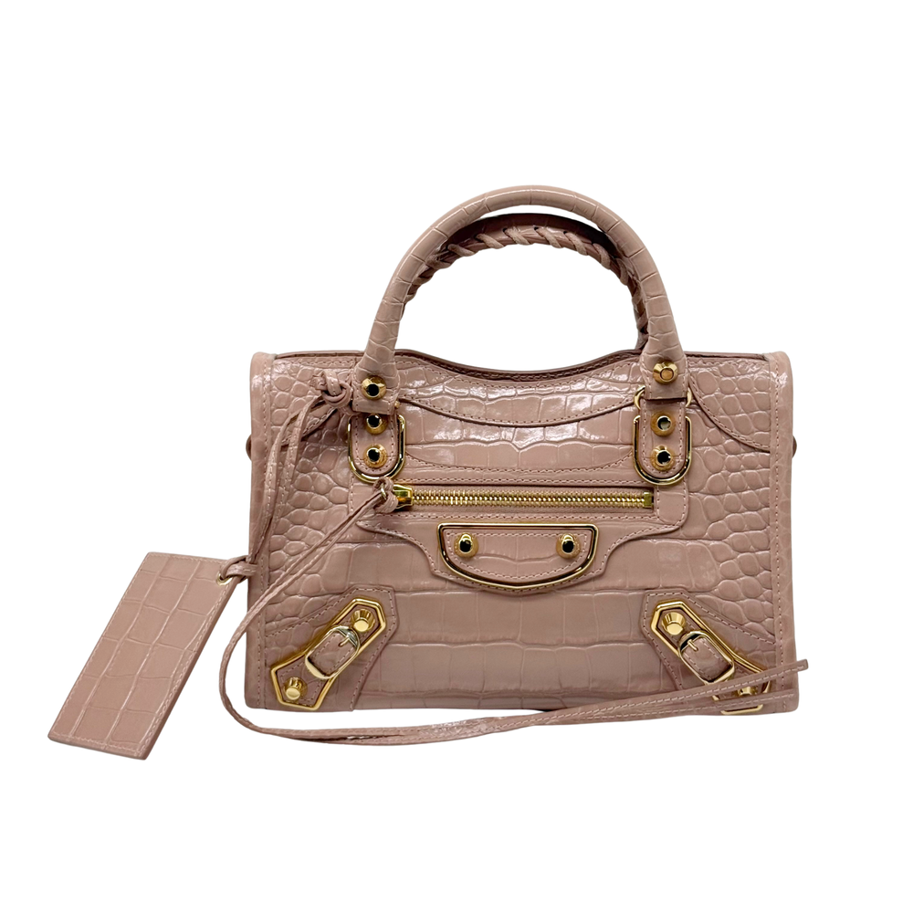 Balenciaga beige embossed mini City bag front with gold-tone handles and zipper hardware