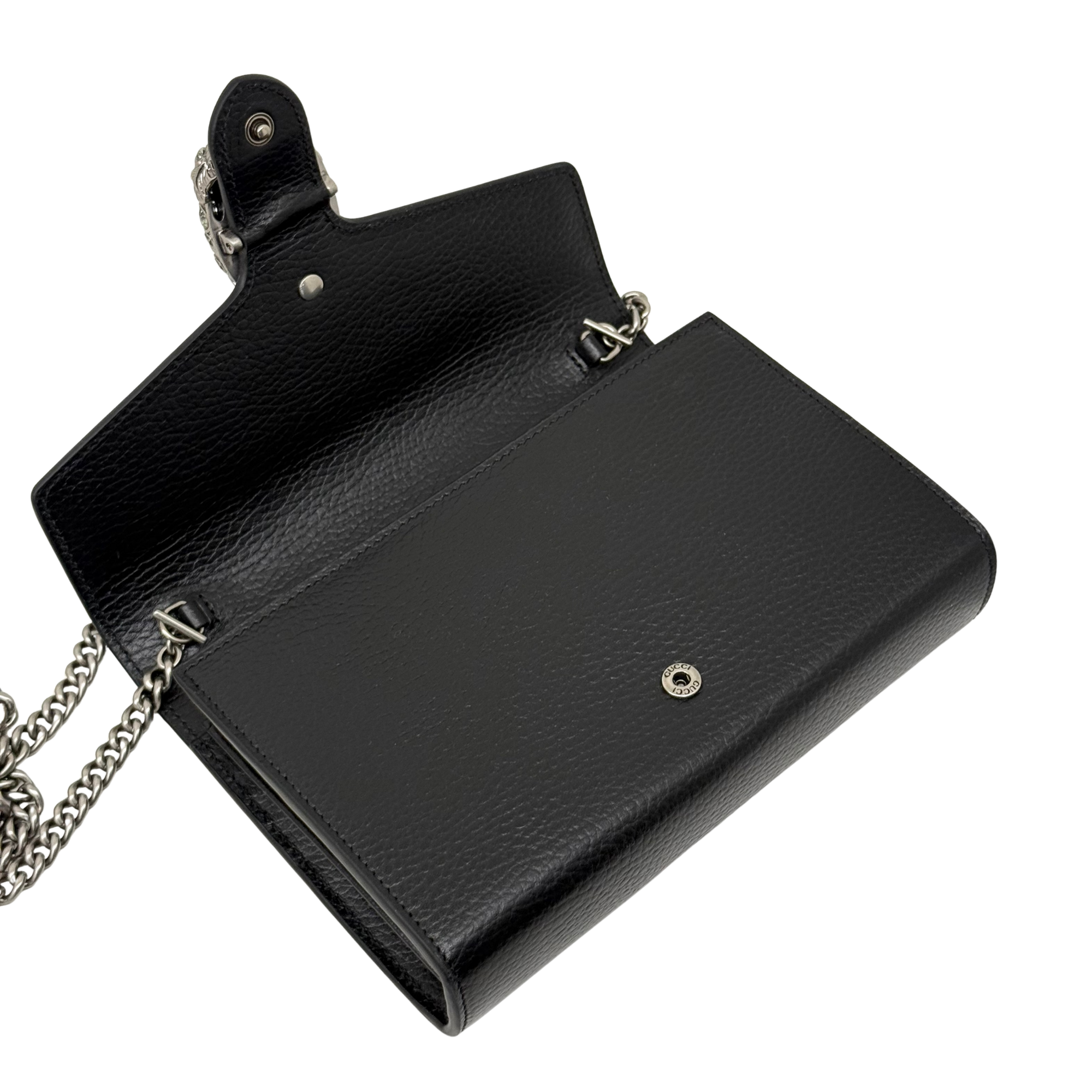 Gucci black leather flap clutch with silver chain strap and snap button detail