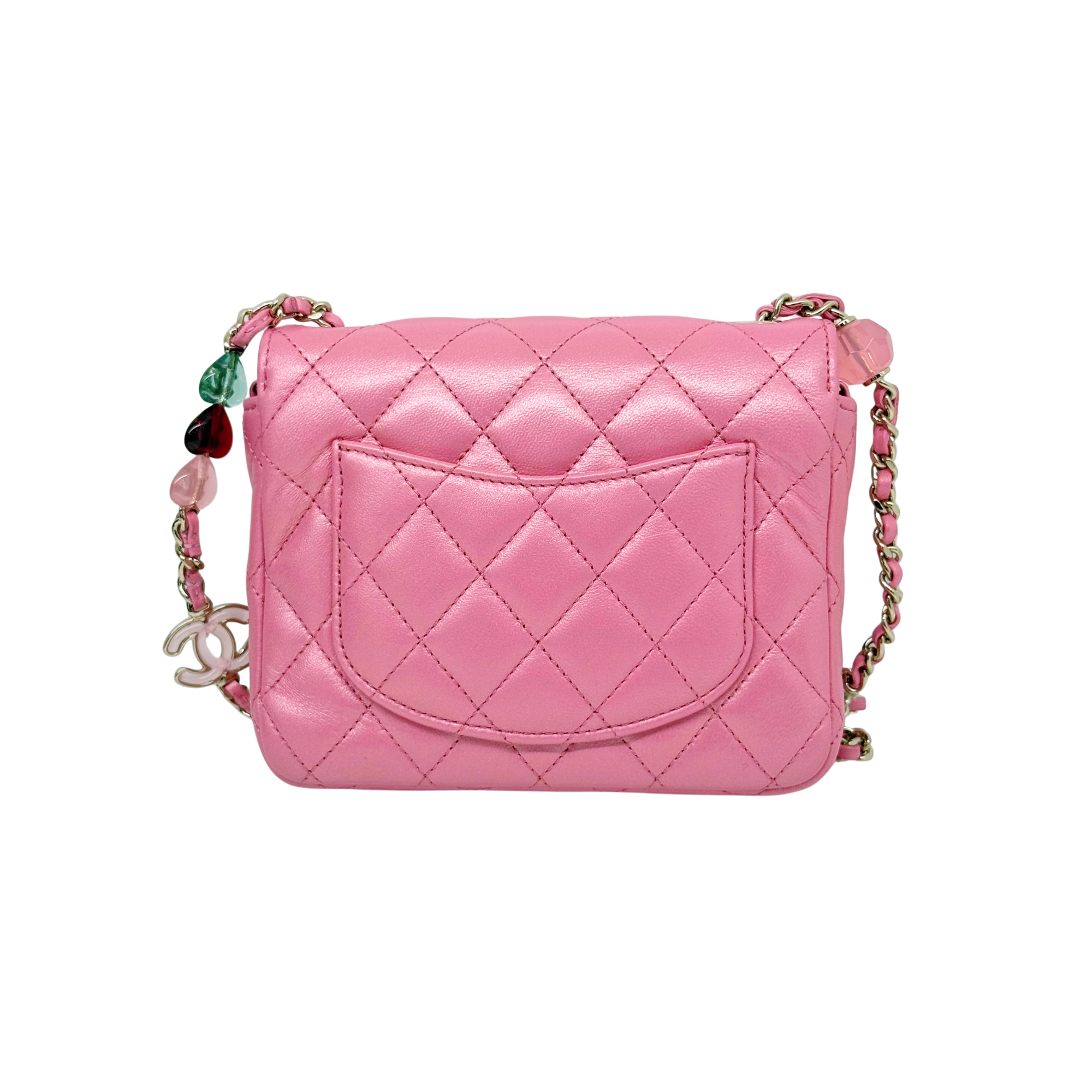 Chanel pink quilted crossbody bag with front flap, gold CC logo, chain straps