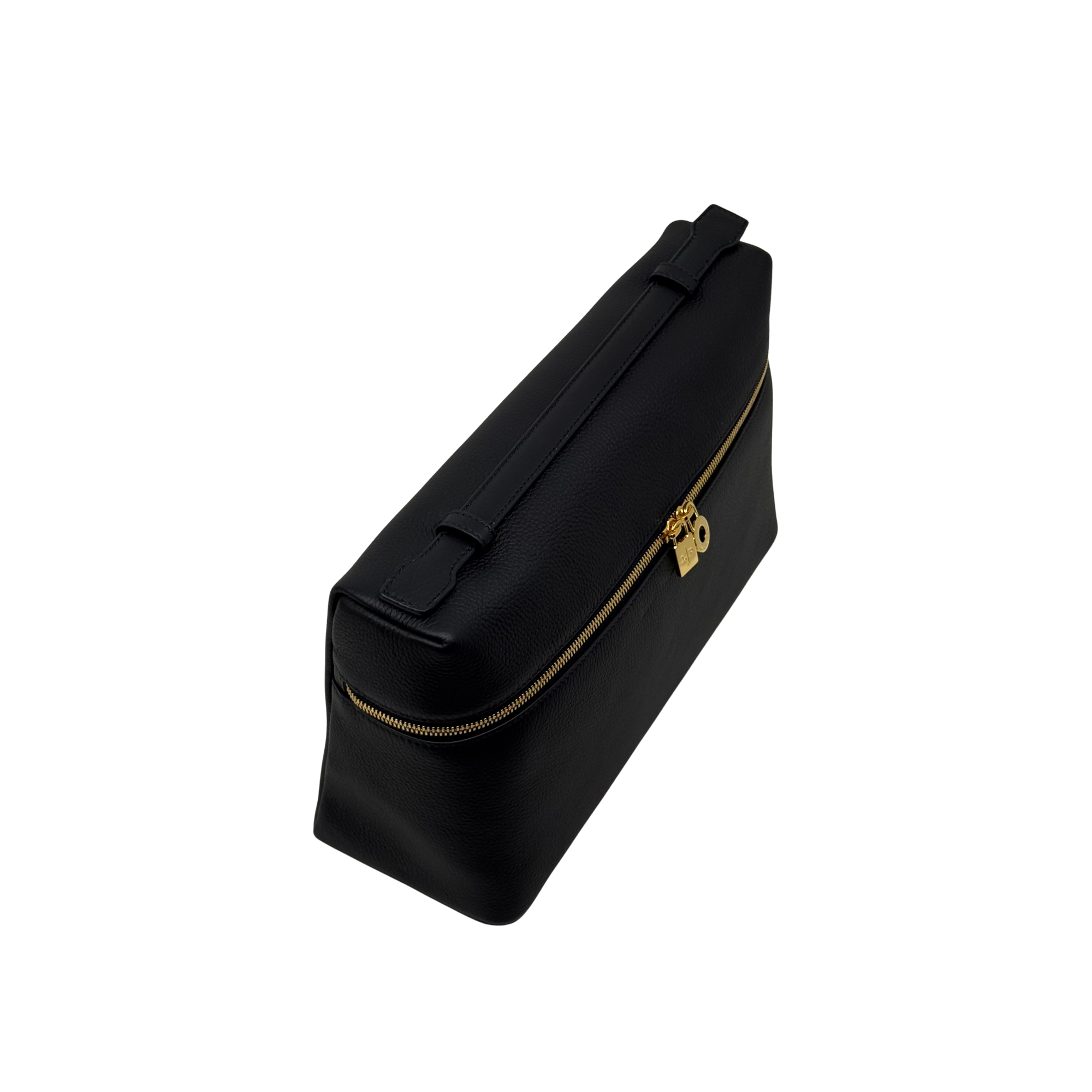 Black leather crossbody zip pouch with gold zipper and shoulder strap
