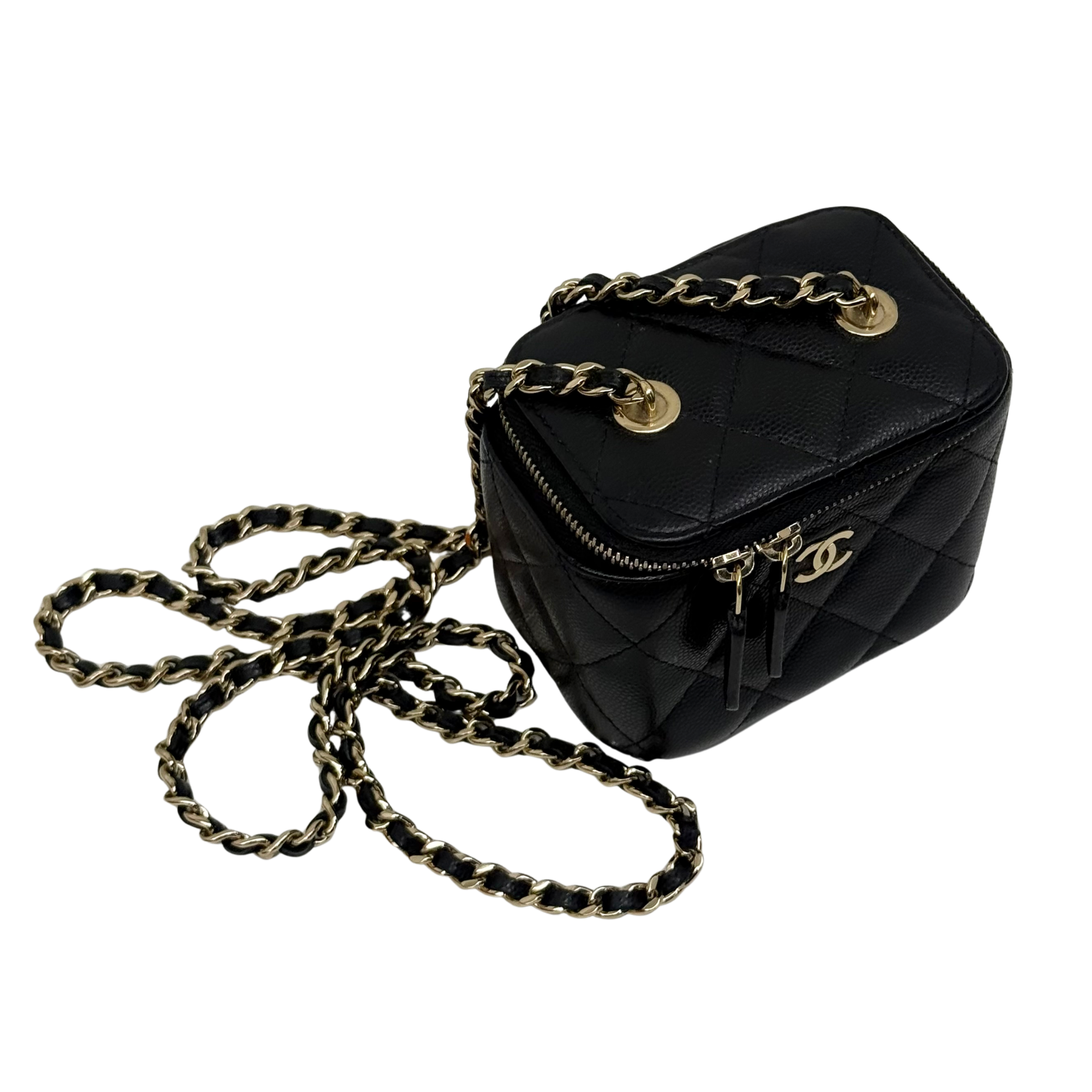 Pre-owned Chanel black quilted mini pouch with gold chain strap and zip closure