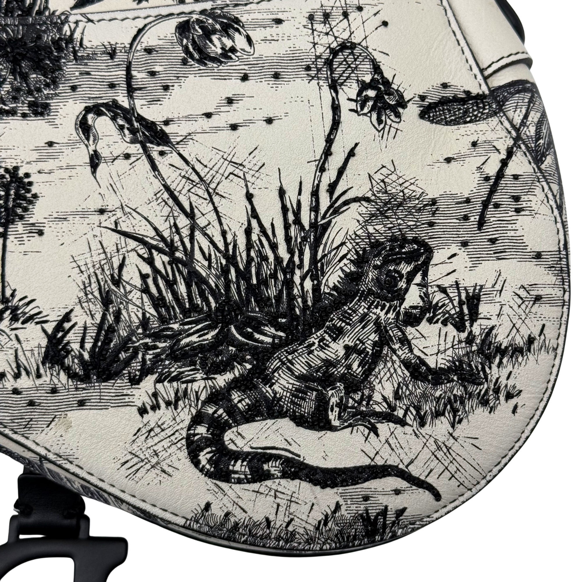 Christian Dior Calfskin Embroidered Palm Tree Toile De Jouy Saddle Bag White Black (pre-owned)