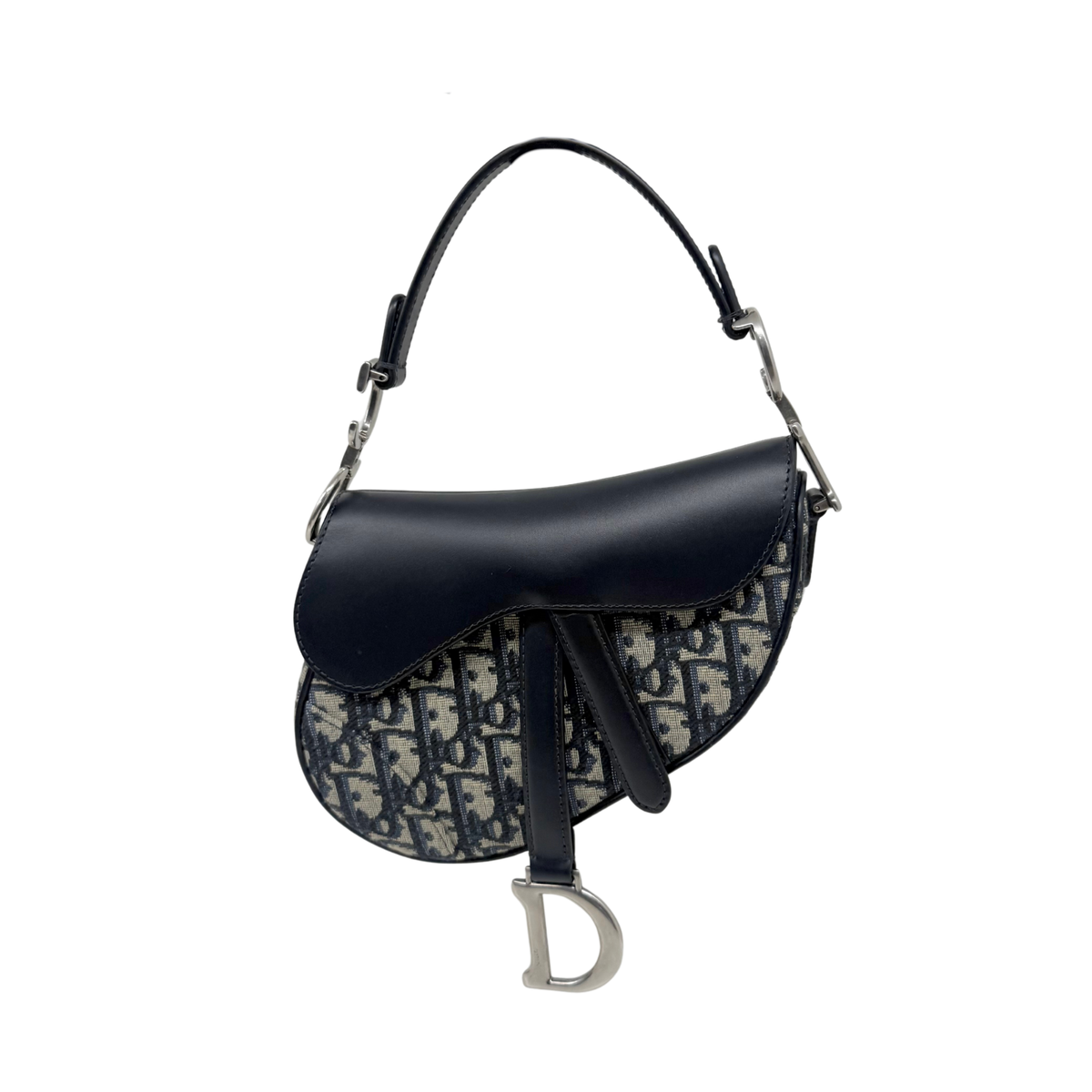 Pre-owned Dior mini saddle bag with strap and black leather top, patterned canvas body