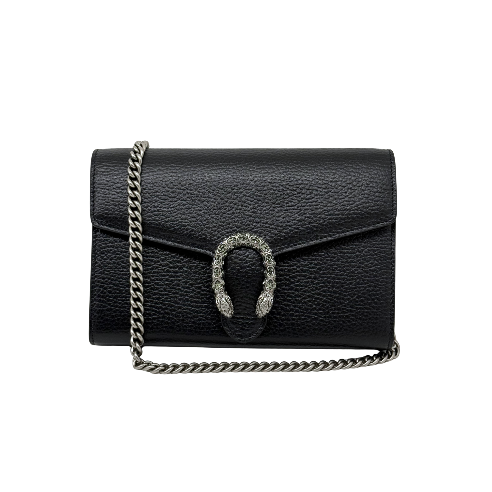Gucci black leather mini shoulder bag with crystal horseshoe front and chain strap