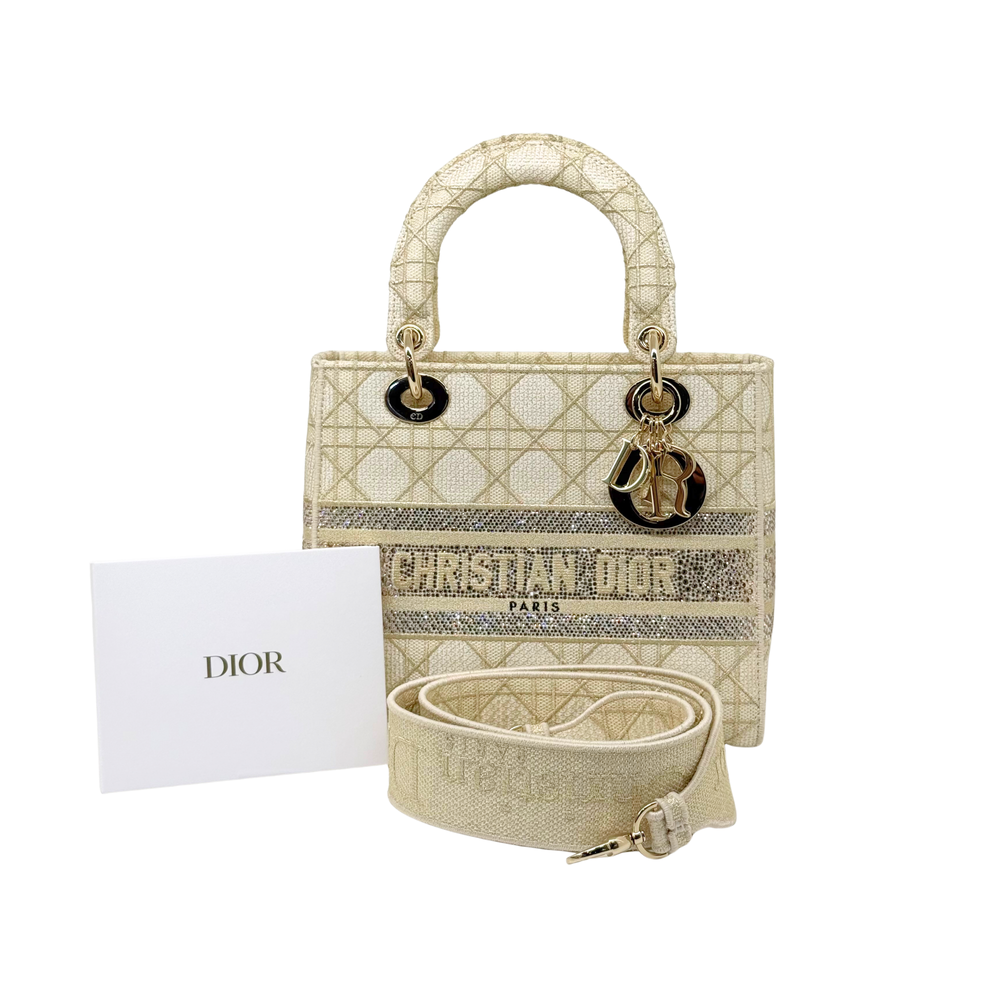 Christian Dior Medium Lady D-Lite bag with beige strap and gold-tone hardware, in dust bag