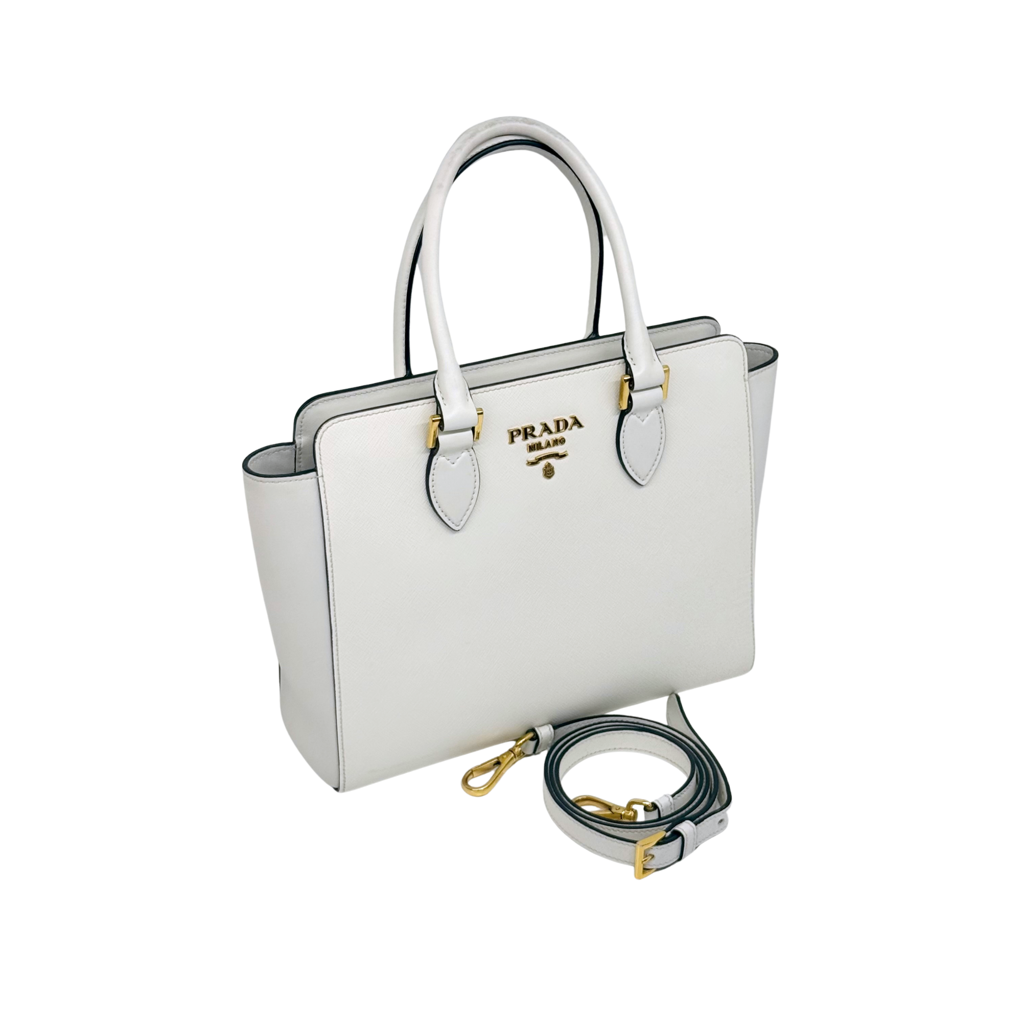 Prada White Saffiano and Soft Leather Borsa a Mano Tote (pre-owned)