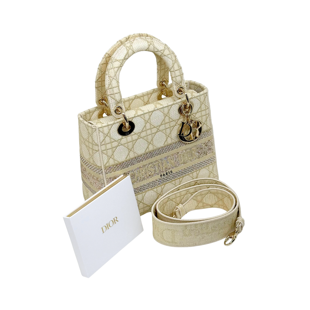 Christian Dior Medium Lady D-Lite bag in beige embroidered canvas with detachable strap