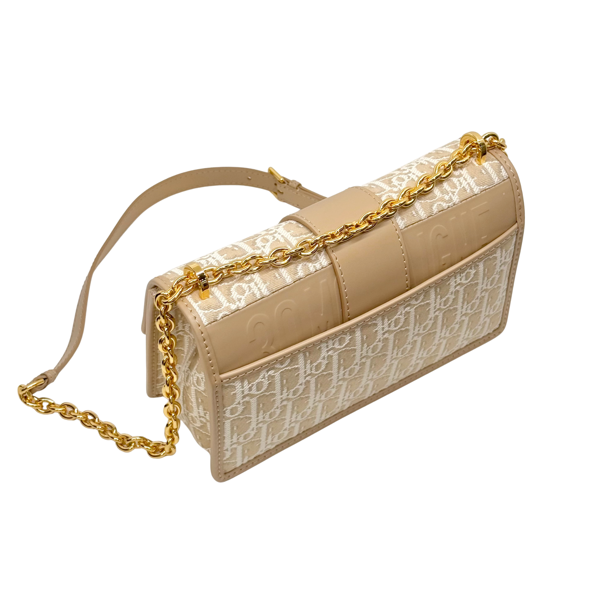 Pre-owned Dior mini shoulder bag, beige monogram canvas with gold chain strap