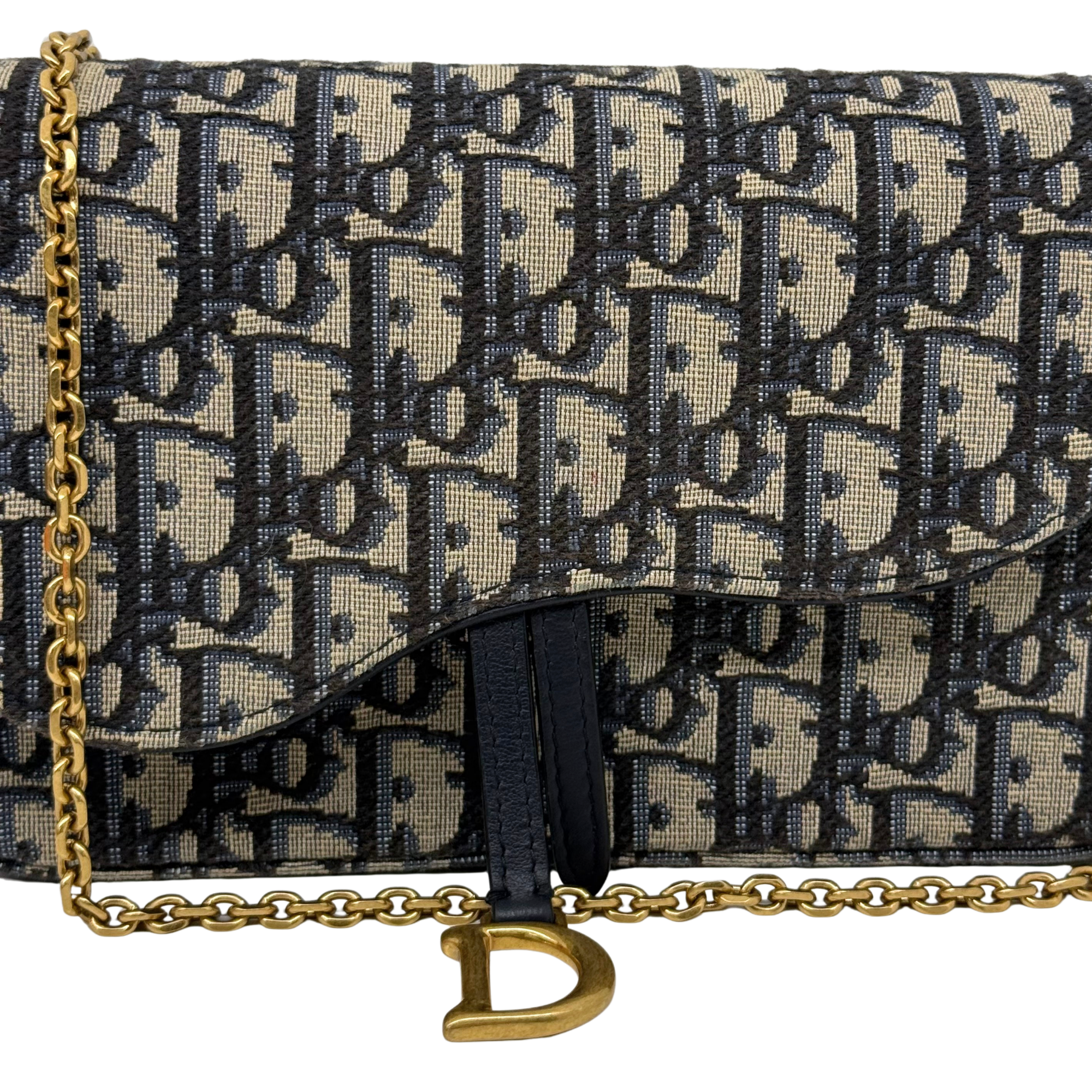 Pre-owned Dior shoulder bag side view with gold chain strap and flap