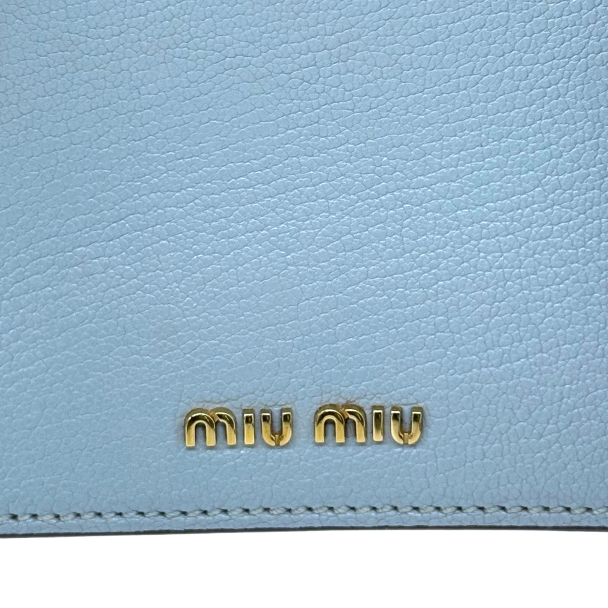 Miu Miu logo on light blue pebbled leather handbag flap